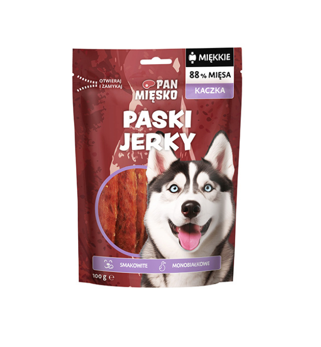 PAN MIĘSKO PRZYSMAKI DLA PSA PASKI JERKY KACZKA 100G