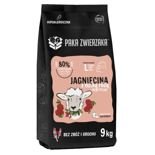 PAKA ZWIERZAKA JUNIOR SUCHA KARMA DLA PSA JAGNIĘCINA Z DZIKĄ RÓŻĄ L 9KG
