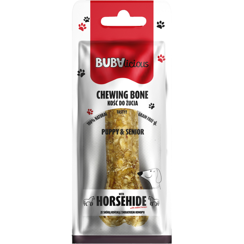 BUBA BUBALICIOUS KOŚĆ PUPPY SENIOR ZE SKÓRĄ KOŃSKĄ Z DODATKIEM KONOPII 17CM