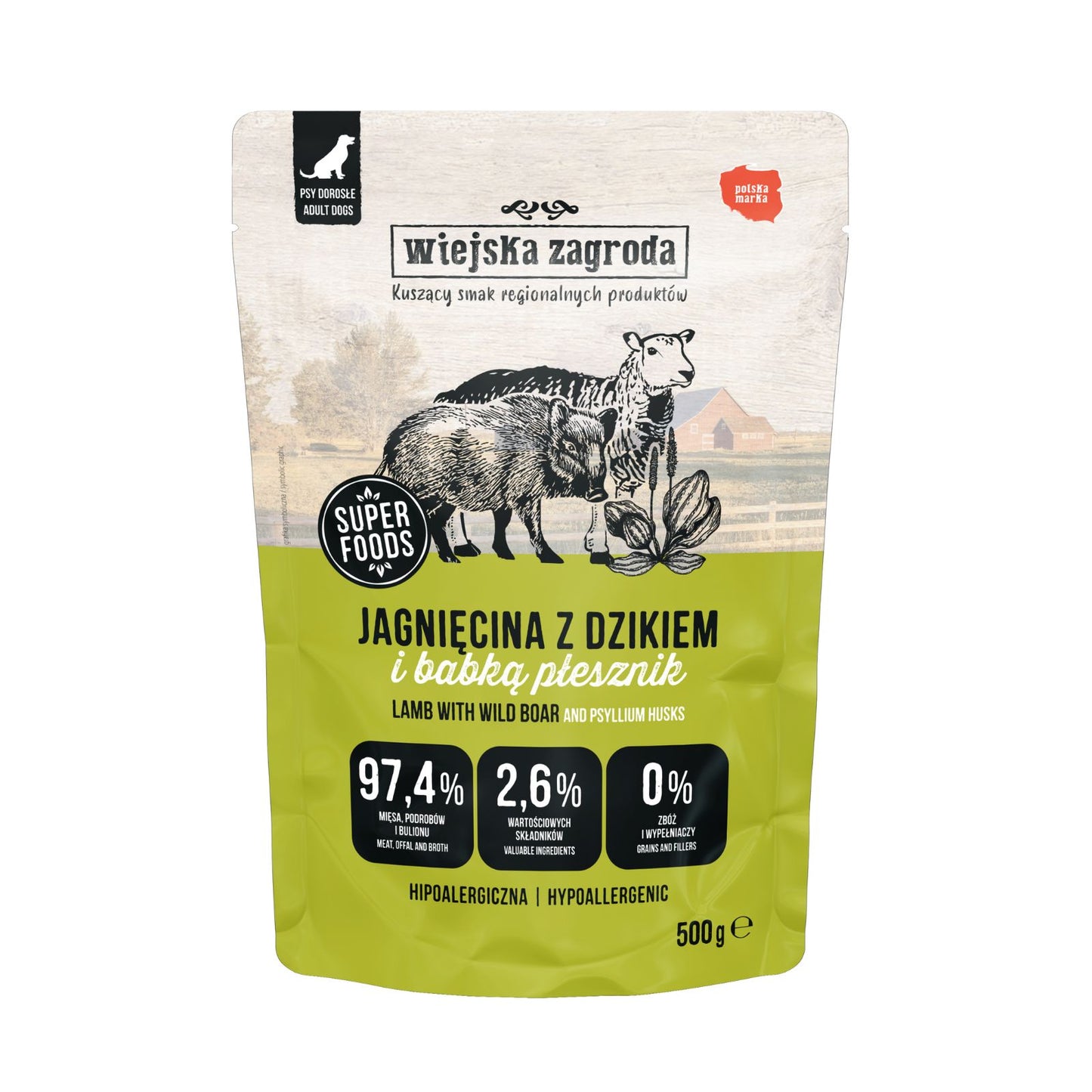 WIEJSKA ZAGRODA MOKRA KARMA PIES JAGNIĘCINA Z DZIKIEM 500G