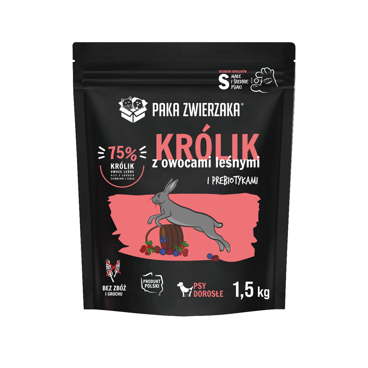 PAKA ZWIERZAKA SUCHA KARMA DLA PSA KRÓLIK Z OWOCAMI LEŚNYMI S 1,5KG