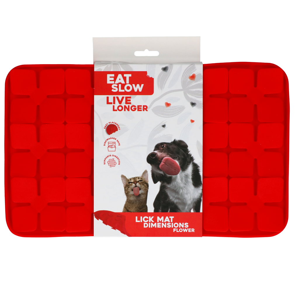 EAT SLOW LIVE LONGER LICK MAT DIMENSIONS FLOWER RED
