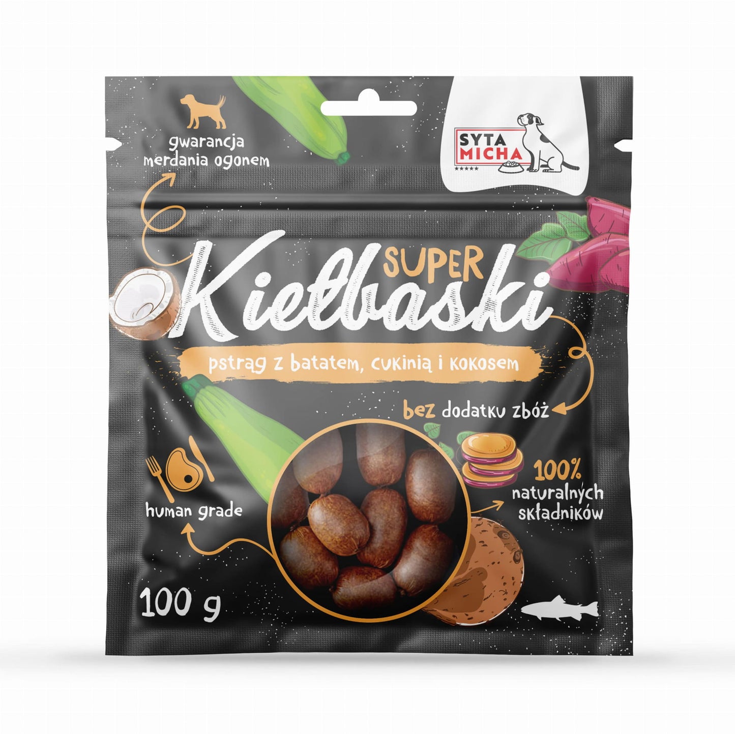 SYTA MICHA SUPER KIEŁBASKI PRZYSMAKI DLA PSA Z PSTRĄGIEM, BATATEM, CUKINIĄ I KOKOSEM 100G
