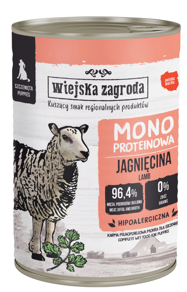 WIEJSKA ZAGRODA KARMA MOKRA DLA PSA MONOBIAŁKOWA JAGNIĘCINA (SZCZENIAK) 400G