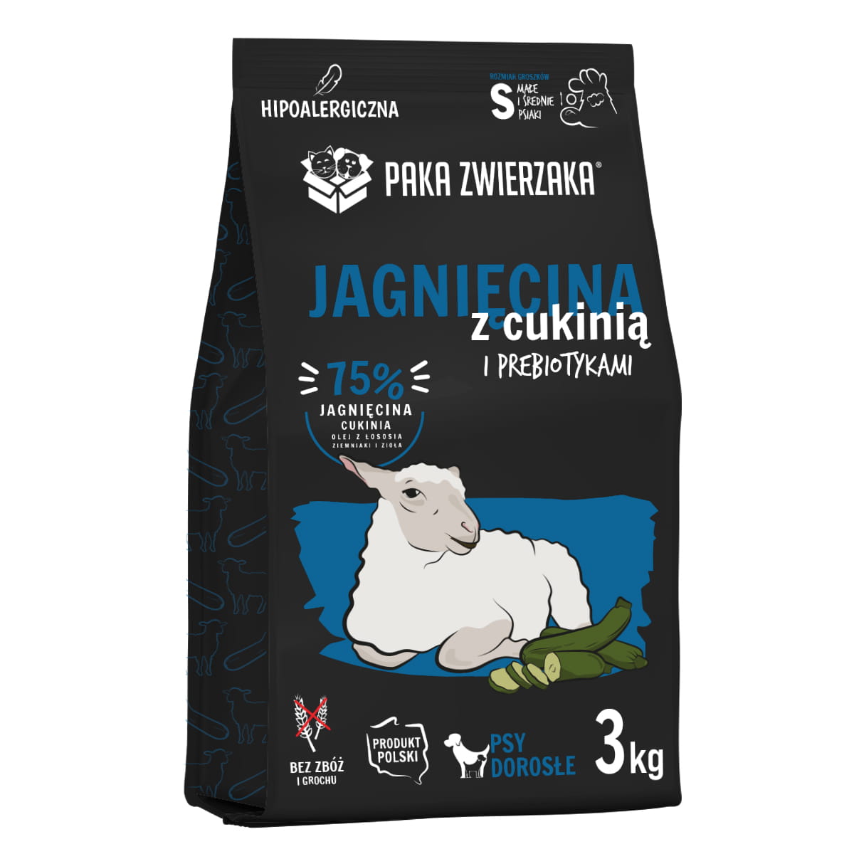 PAKA ZWIERZAKA SUCHA KARMA DLA PSA JAGNIĘCINA Z CUKINIĄ S 3KG