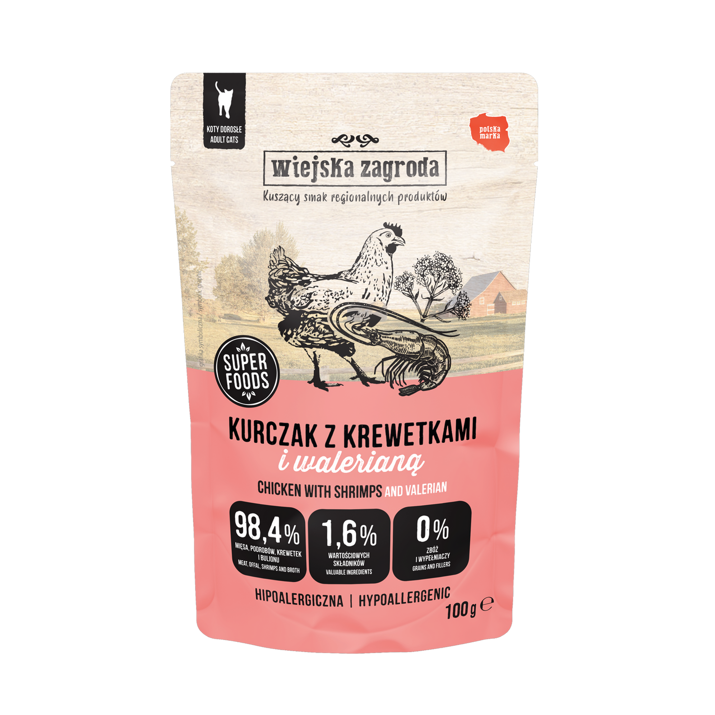 WIEJSKA ZAGRODA KARMA MOKRA DLA KOTA KURCZAK Z KREWETKAMI I WALERIANĄ (DOROSŁY) 100G