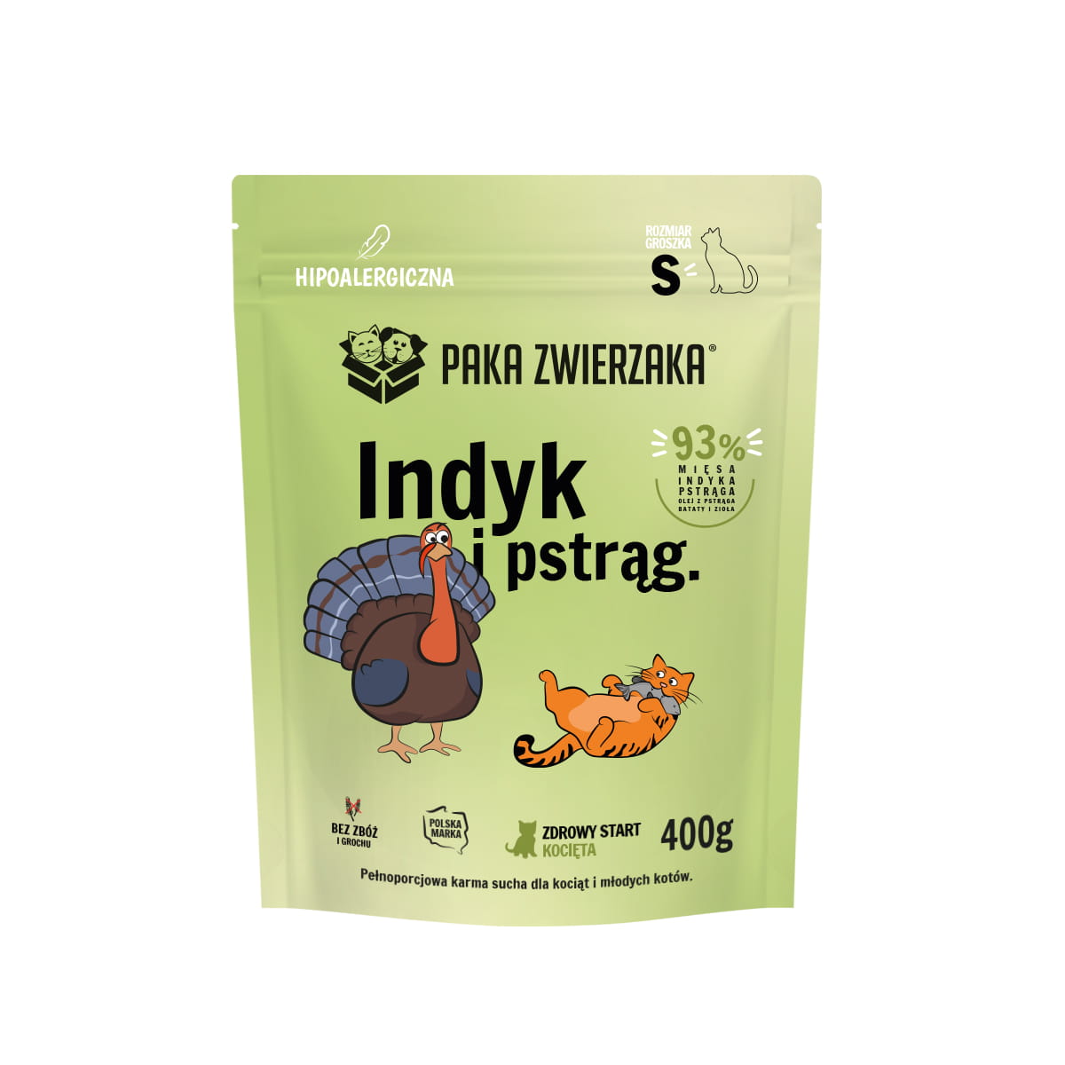 PAKA ZWIERZAKA KITTEN SUCHA KARMA KOT INDYK I PSTRĄG 400G