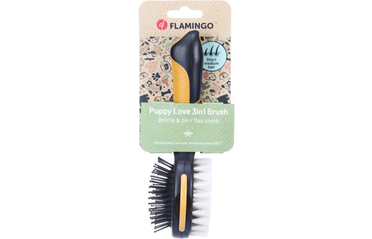 FLAMINGO BRISTLE & PIN BRUSH + FLEA COMB 3IN1 PUPPY