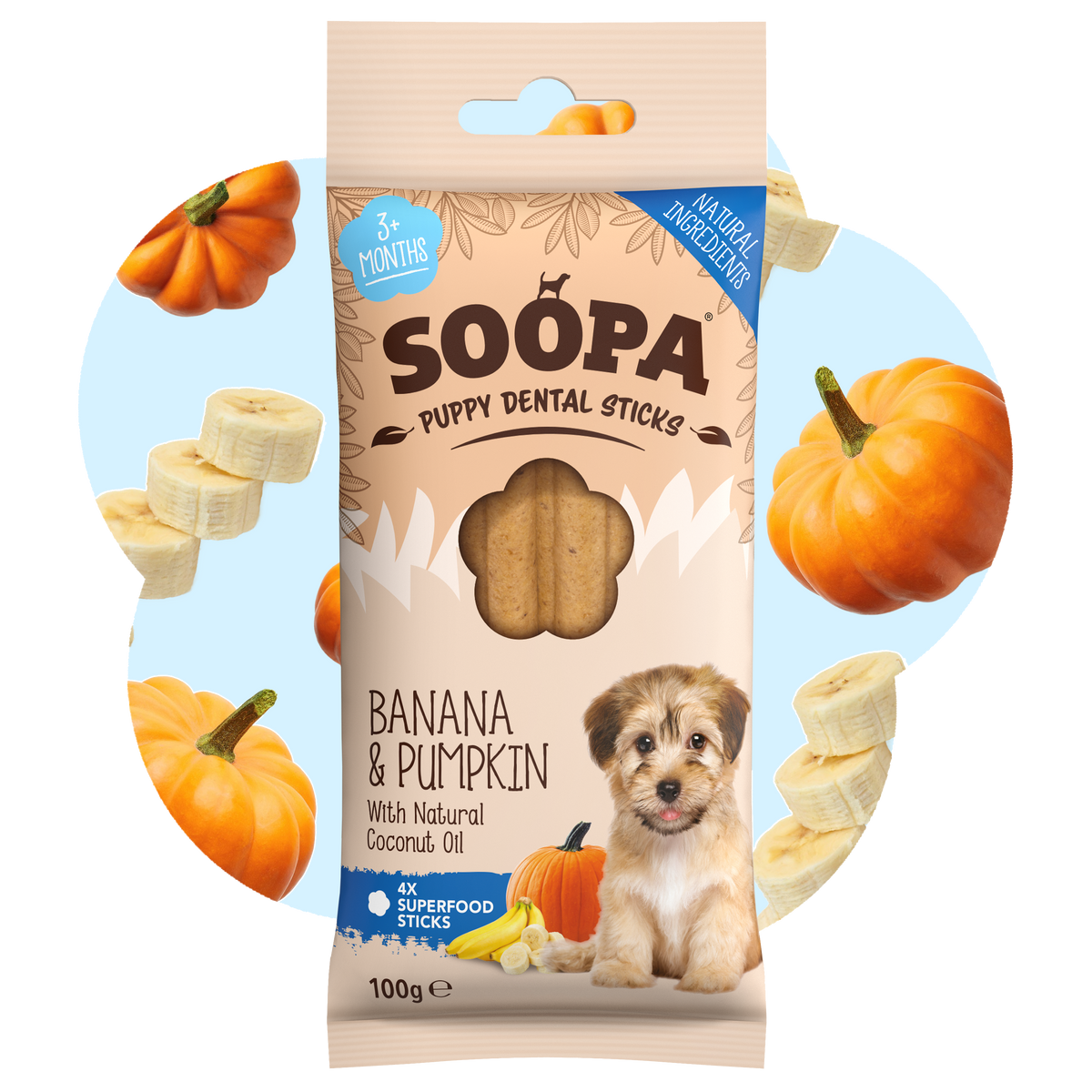 SOOPA PUPPY DENTAL STICK PRZYSMAK DLA PSA BANANA PUMPKIN 100G