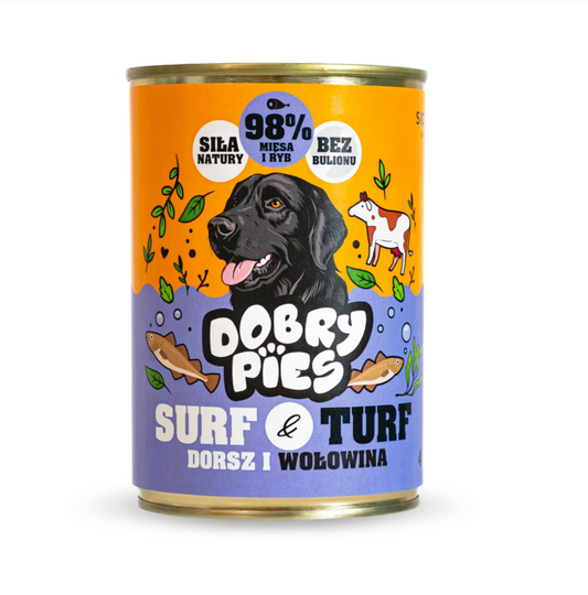 DOBRY PIES SURF TURF MOKRA KARMA DLA PSA DORSZ I WOŁOWINA 400G