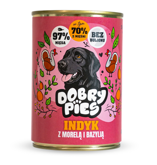 DOBRY PIES MOKRA KARMA DLA PSA INDYK, WIEPRZOWINA, MORELA, BAZYLIA 400G