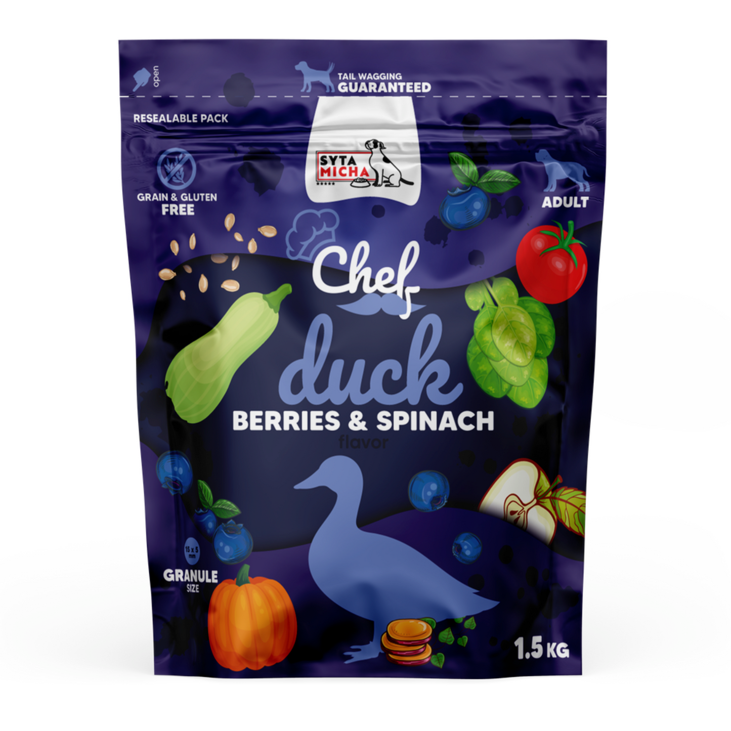 SYTA MICHA CHEF SUCHA KARMA DLA PSA KACZKA, JAGODY, SZPINAK 1,5KG