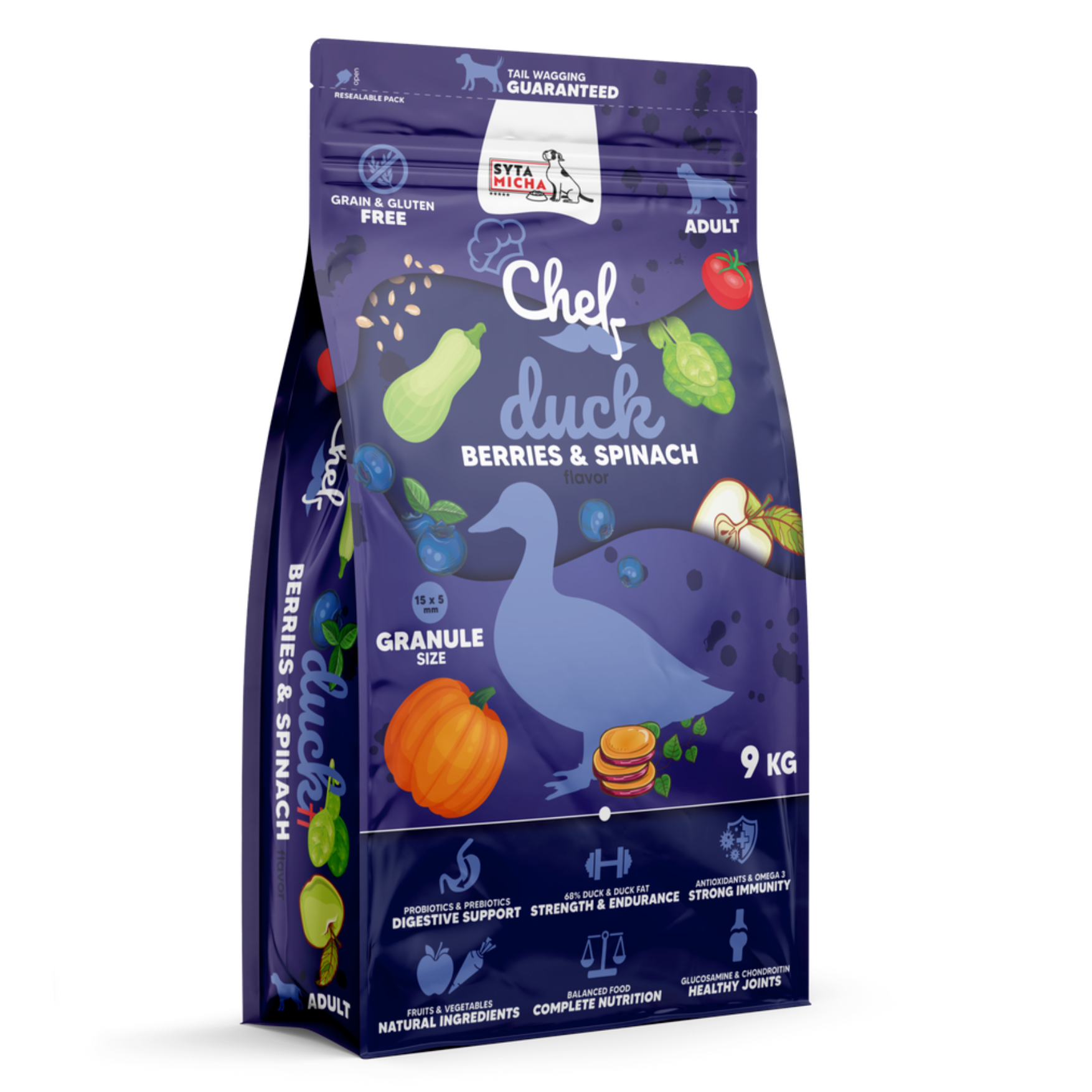 SYTA MICHA CHEF SUCHA KARMA DLA PSA KACZKA, JAGODY, SZPINAK 9KG