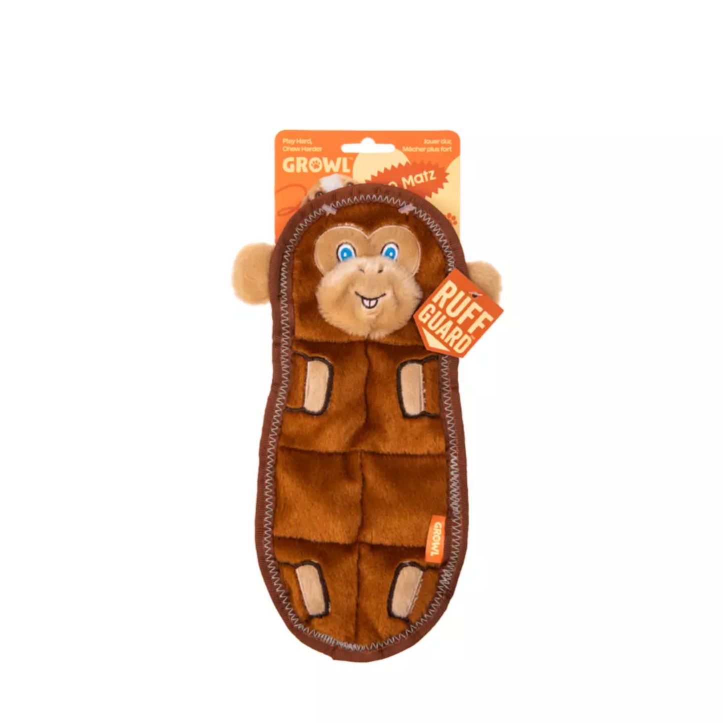 GROWL ZOO MATZ MONKEY BROWN - WYTRZYMAŁA PŁASKA ZABAWKA DLA PSA Z PISZCZAŁKAMI