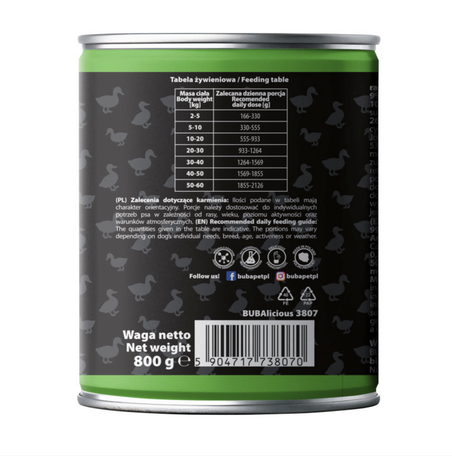BUBA BUBALICIOUS MONO PURE MOKRA KARMA DLA PSA KACZKA 800G