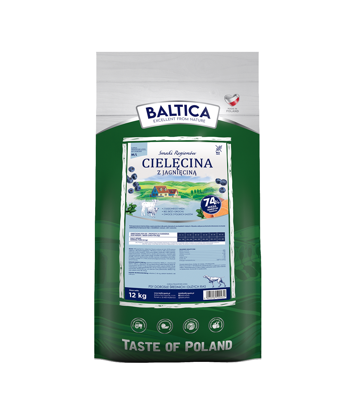 BALTICA SMAKI REGIONÓW SUCHA KARMA DLA PSA CIELĘCINA Z JAGNIĘCINĄ M/L 12KG