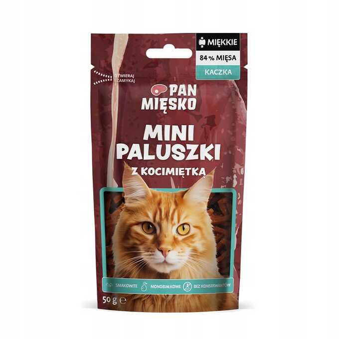 PAN MIĘSKO PRZYSMAKI DLA KOTA MINI PALUSZKI KACZKA Z KOCIMIĘTKĄ 50G