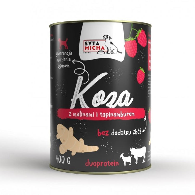 SYTA MICHA MOKRA KARMA DLA PSA KOZA Z MALINAMI I TOPINAMBUREM 400G