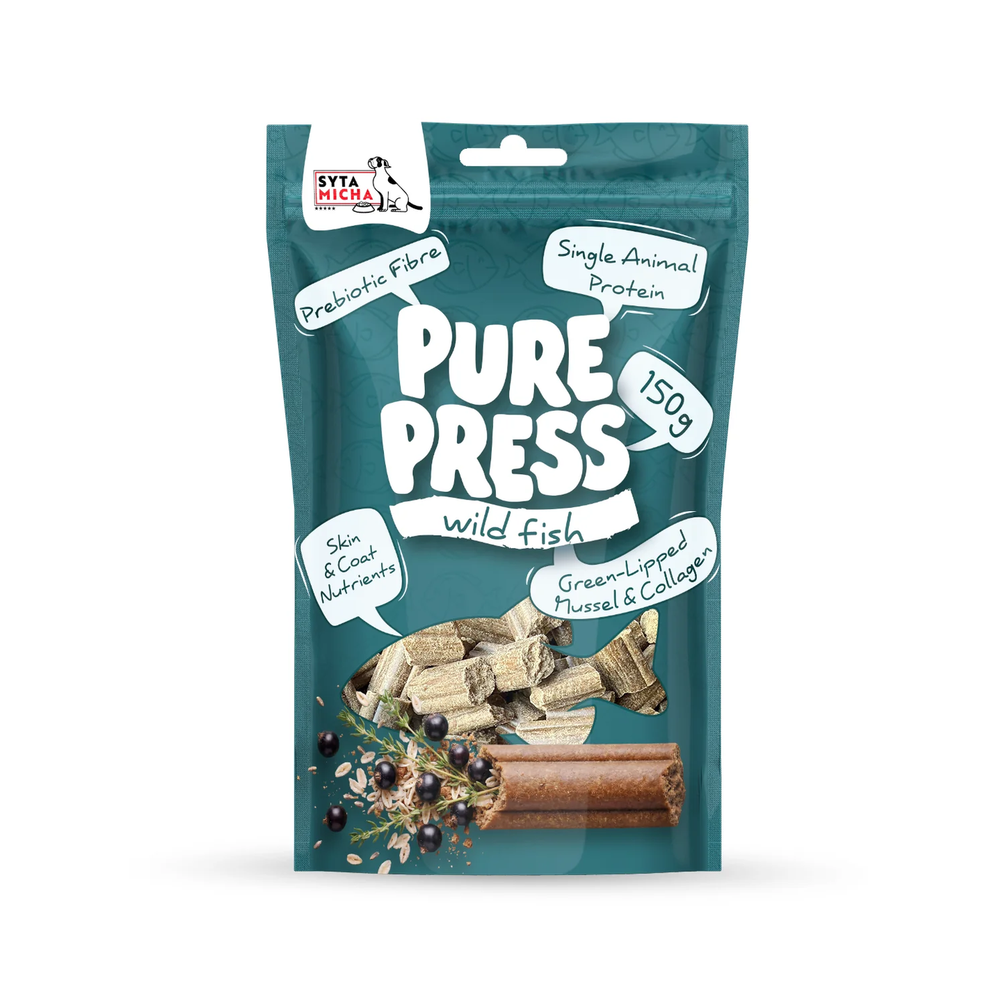 SYTA MICHA PURE PRESS SMACZKI DLA PSA WILD FISH 150G