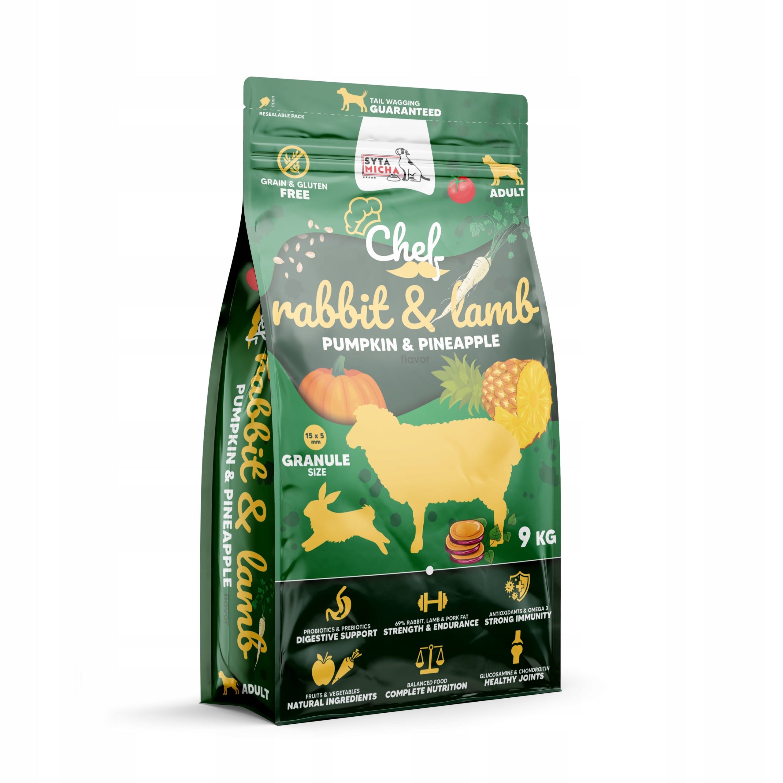 SYTA MICHA CHEF SUCHA KARMA DLA PSA KRÓLIK Z JAGNIĘCINĄ, DYNIA, ANANAS 9KG