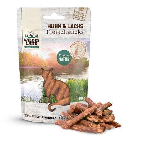 WILDES LAND CAT FLEISCHSTICKS HUHN LACHS PATYCZKI Z KURCZAKA I ŁOSOSIA 50G