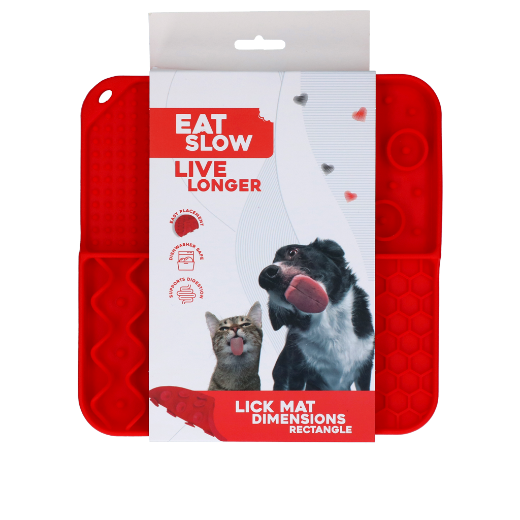 EAT SLOW LIVE LONGER LICK MAT DIMENSIONS RECTANGLE RED
