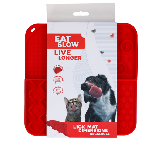 EAT SLOW LIVE LONGER LICK MAT DIMENSIONS RECTANGLE RED