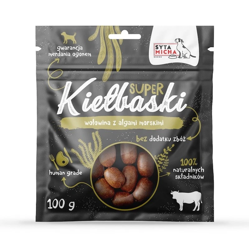 SYTA MICHA SUPER KIEŁBASKI PRZYSMAKI DLA PSA Z WOŁOWINĄ I ALGAMI MORSKIMI 100G