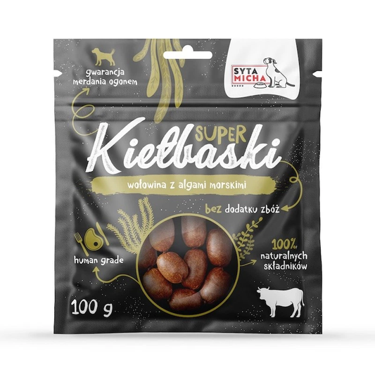 SYTA MICHA SUPER KIEŁBASKI PRZYSMAKI DLA PSA Z WOŁOWINĄ I ALGAMI MORSKIMI 100G