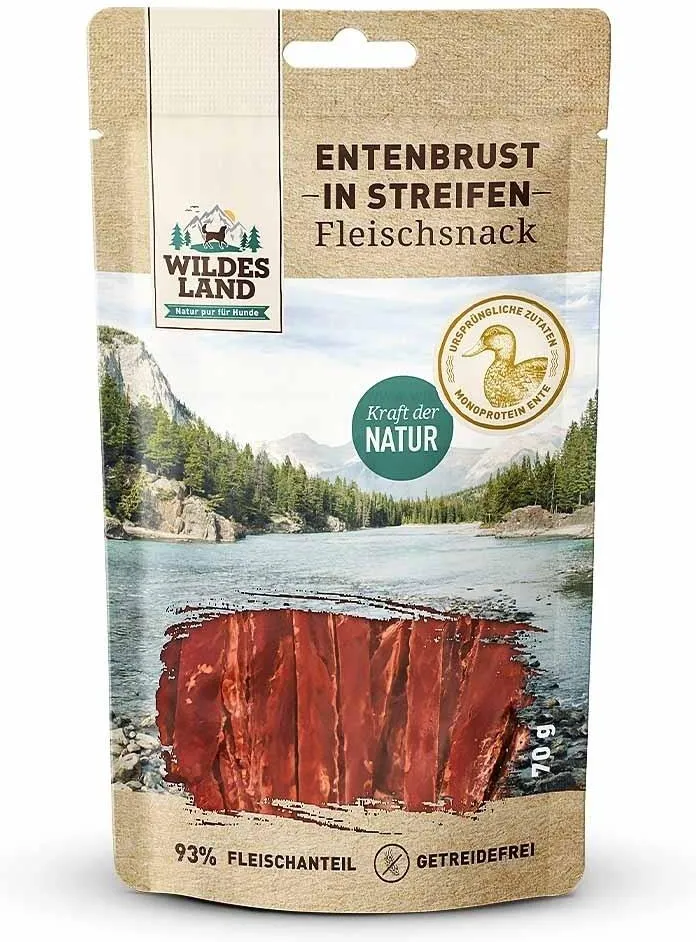 WILDES LAND DOG ENTENBRUST IN STREIFEN 70G - PASKI MIĘSNE DLA PSA