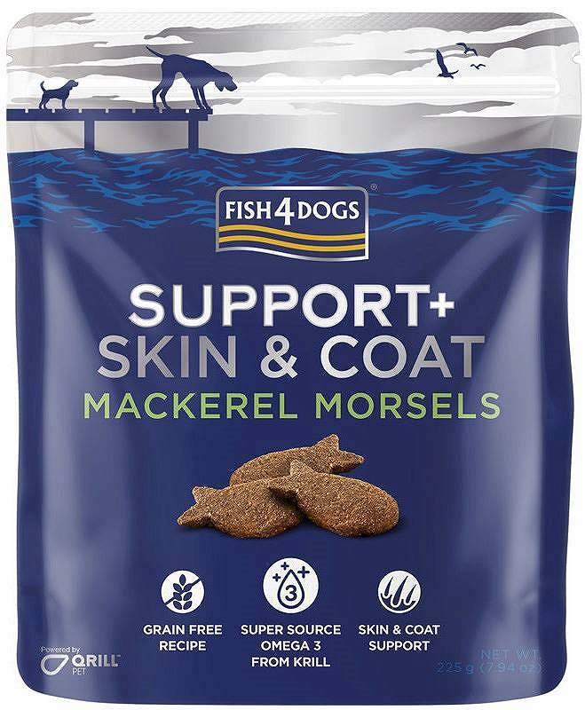 FISH4DOGS SUPPORT + PRZYSMAKI DLA PSA SKIN COAT MACKEREL MORSELS 225G