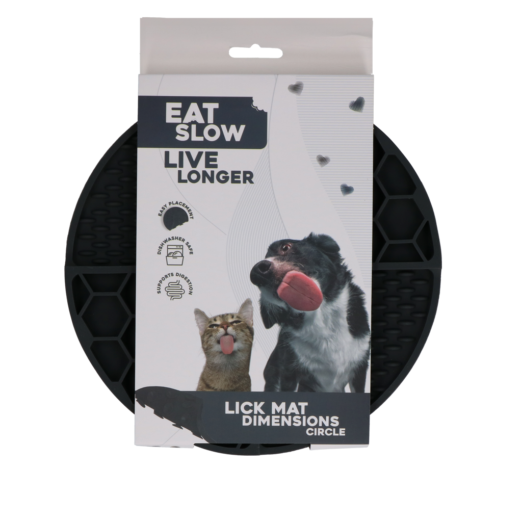 EAT SLOW LIVE LONGER LICK MAT DIMENSIONS CIRCLE  GREY