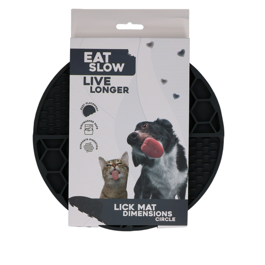 EAT SLOW LIVE LONGER LICK MAT DIMENSIONS CIRCLE  GREY