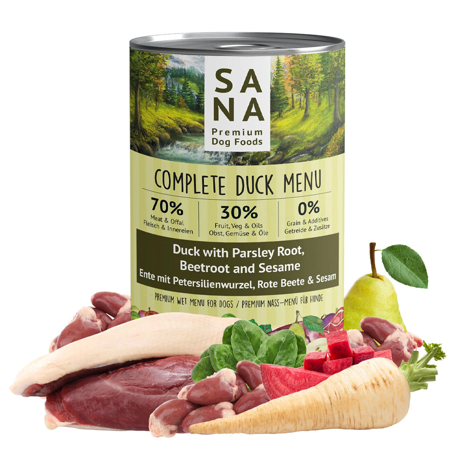 SANADOG MOKRA KARMA DLA PSA KACZKA Z KORZENIEM PIETRUSZKI, BURAKAMI I SEZAMEM 400G