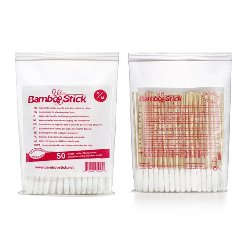 BAMBOOSTICK S/M - PATYCZKI DO CZYSZCZENIA USZU DLA MNIEJSZYCH PSÓW - 50SZT.