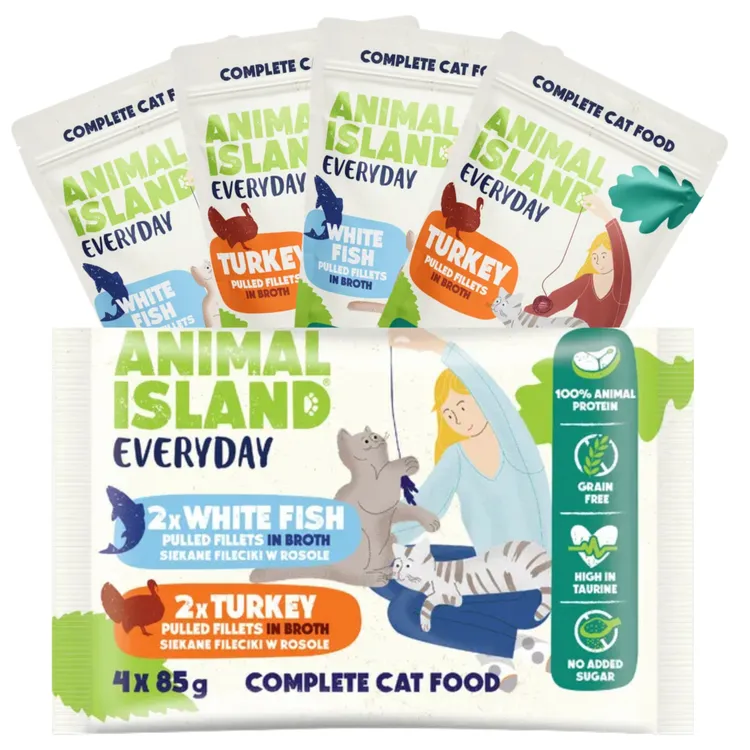 ANIMAL ISLAND EVERYDAY PULLED FILLETS IN BROTH MOKRA KARMA KOT TURKEY 2SZT WHITE FISH 2SZT 4X85G