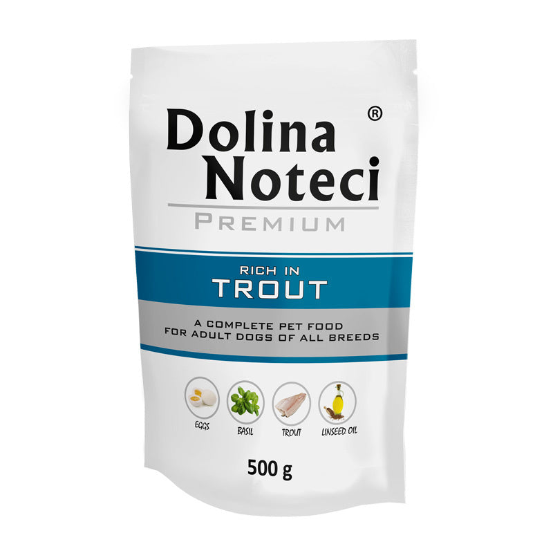 DOLINA NOTECI PREMIUM MOKRA KARMA DLA PSA BOGATA W PSTRĄGA 500G