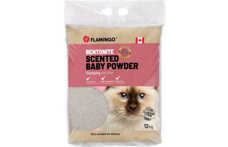 FLAMINGO CAT LITTER BENTONITE CAN BABY POWDER SCENT FINE 12KG