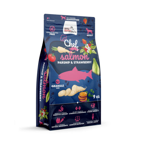 SYTA MICHA CHEF SUCHA KARMA DLA PSA ŁOSOŚ, PASTERNAK, TRUSKAWKI 9KG