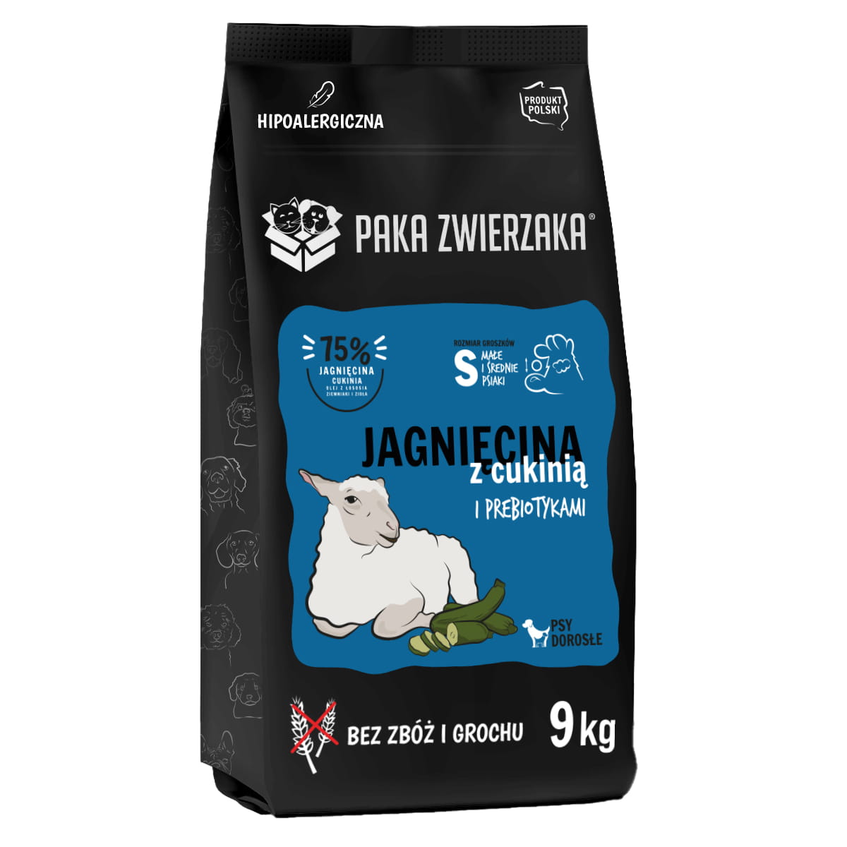 PAKA ZWIERZAKA SUCHA KARMA DLA PSA JAGNIĘCINA Z CUKINIĄ S 9KG
