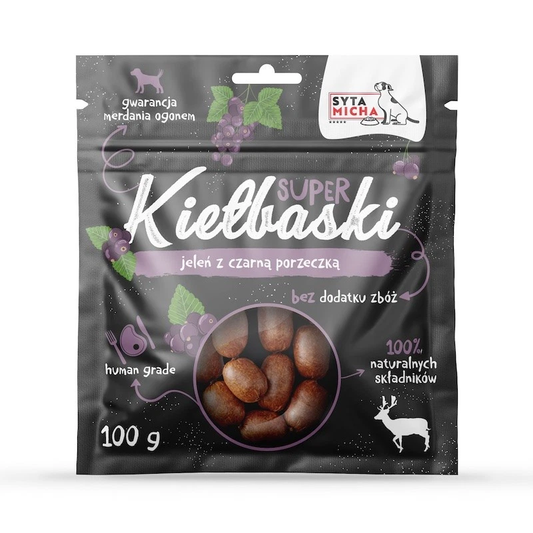 SYTA MICHA SUPER KIEŁBASKI PRZYSMAKI DLA PSA Z JELENIEM I CZARNĄ PORZECZKĄ 100G