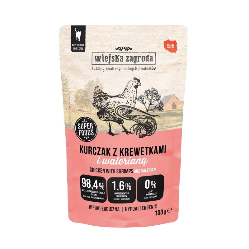 WIEJSKA ZAGRODA MOKRA KARMA DLA KOTA SASZETKA KURCZAK Z KREWETKAMI 100G