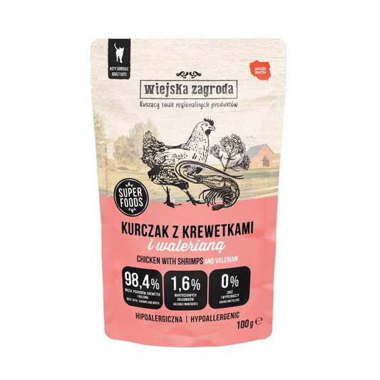 WIEJSKA ZAGRODA MOKRA KARMA DLA KOTA SASZETKA KURCZAK Z KREWETKAMI 100G