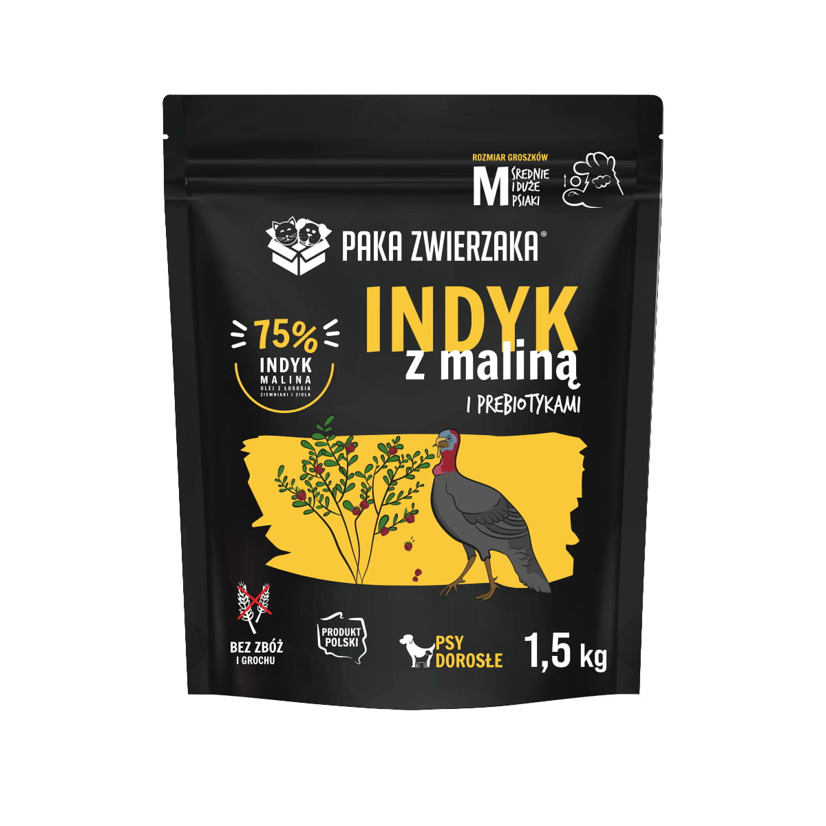 PAKA ZWIERZAKA SUCHA KARMA DLA PSA INDYK Z MALINĄ M 1,5KG