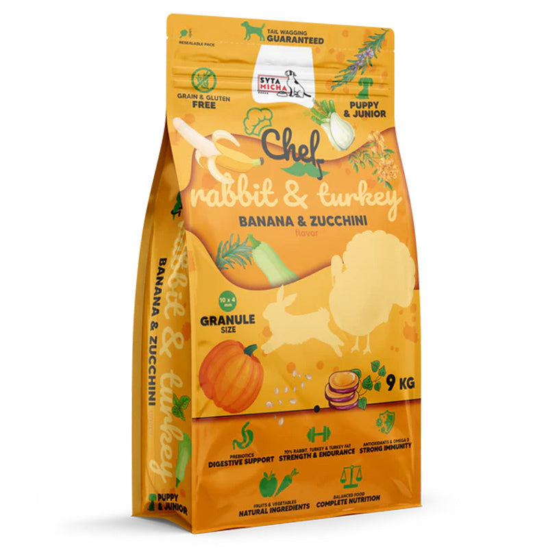 SYTA MICHA CHEF JUNIOR SUCHA KARMA DLA PSA KRÓLIK Z INDYKIEM, BANANEM, CUKINIĄ 9KG
