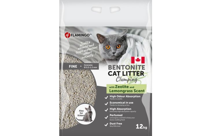 FLAMINGO CAT LITTER BENTONITE CAN LEMONGRASS + GREEN ZEOLITE FINE 12KG