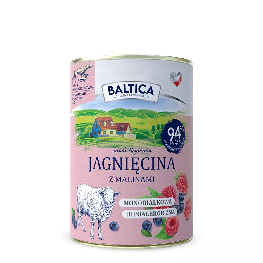 BALTICA SMAKI REGIONÓW MONO MOKRA KARMA DLA PSA JAGNIĘCINA Z MALINAMI 400G