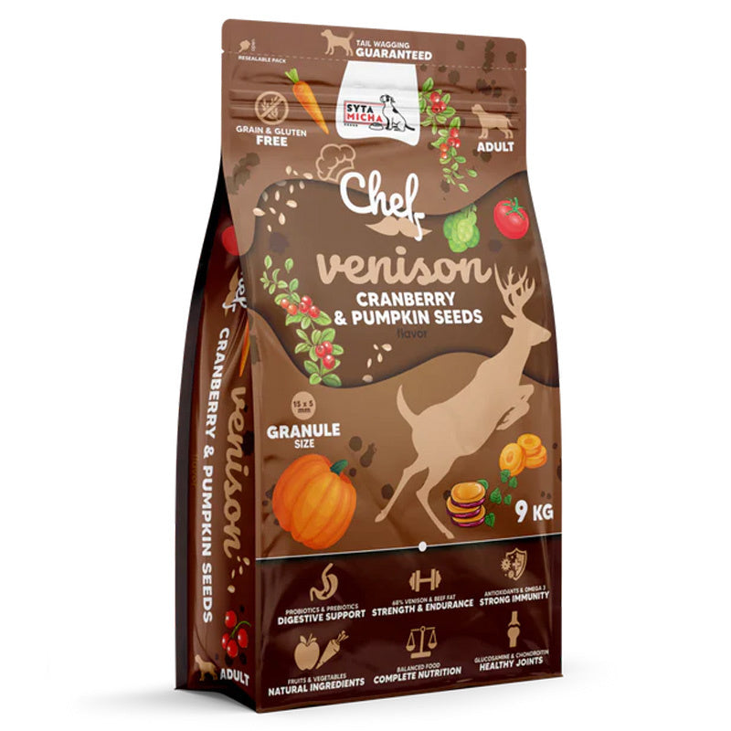 SYTA MICHA CHEF SUCHA KARMA DLA PSA DZICZYZNA, ŻURAWINA, PESTKI DYNI 9KG