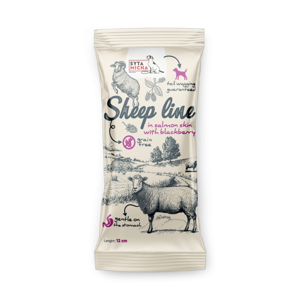SYTA MICHA SHEEP LINE GRYZAK DLA PSA KOŚĆ OWCA W SKÓRZE ŁOSOSIA 12CM