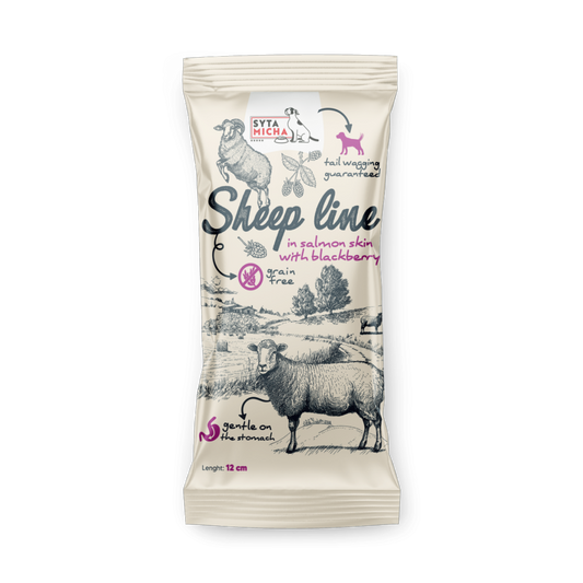 SYTA MICHA SHEEP LINE GRYZAK DLA PSA KOŚĆ OWCA W SKÓRZE ŁOSOSIA 12CM